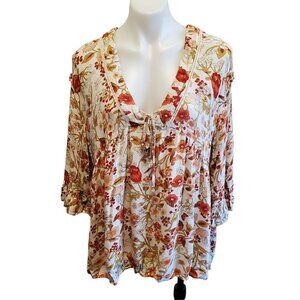 Rachel Zoe Med Floral Peasant Hippie V-Neck Blouse White Orange Ruffel Sleeve
